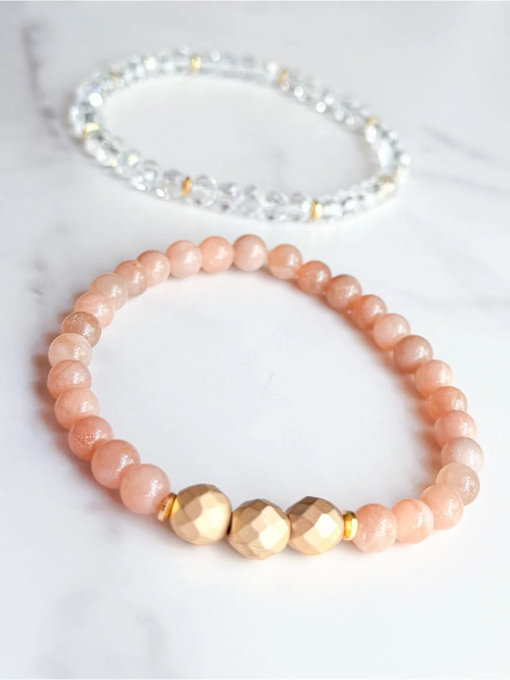 Sunstone & Crystal Glass Beaded Stretch Bracelet Set Peach Clear Gold Tone Set